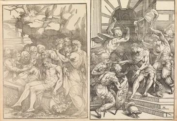 Lamentation sur le Christ mort, le Christ est attaqué par des soldats