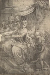 La Sainte Famille, un ange tenant des fleurs approchant par la droite, ca. 1550-53