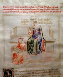 Allégorie de la Grammaire dans « Chansonne des sept Vertus et des sept Arts libéraux destinée à Bruzio Visconti » (La Canzone delle Virtù e delle Scienze) par Bartolomeo di Bartoli. Aquarelle d