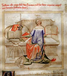 Allégorie de la Justice dans "Chansonne des sept vertus et des sept arts libéraux destinée à Bruzio Visconti"