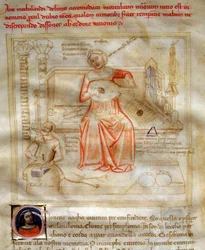 Allégorie de la Musique dans la Chanson des sept Vertus et des sept Arts libéraux destinée à Bruzio Visconti (La Canzone delle Virtù e delle Scienze) par Bartolomeo di Bartoli. Aquarelle d