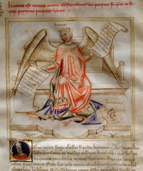 Allégorie de la Charité ailée foulant Hérode le Grand aux pieds dans « Chansonne des sept Vertus et des sept Arts libéraux »