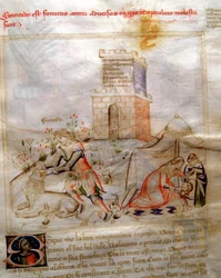 Allégorie du courage avec Samson déchirant le lion et Judith décapitant Holopherne dans « Chansonne des sept Vertus et des sept Arts libérales destinée à Bruzio Visconti » (La Canzone delle Virtù e delle Scienze)