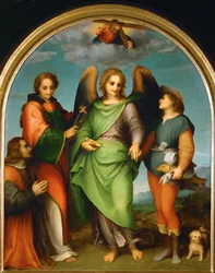 Archange Raphaël et Tobie, Saint Laurentien et le donateur, Leonardo di Lorenzo Morelli (peinture sur bois)