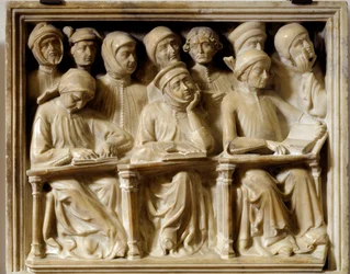 Arc funéraire de Bartolomeo da Saliceto : étudiants assistant à un cours (sculpture)
