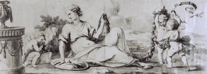 Figure féminine avec putti, composition allégorique, vers 1754, dessin d