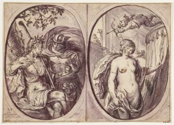 Deux compositions ovales sur une feuille. À gauche, une bergère (Diane ?) assise avec un bâton et un chien à ses côtés. Elle tient une pomme que Mercure en cape semble lui avoir apportée; sur celle-ci est écrit : "Det: pulcherrima". Dans l
