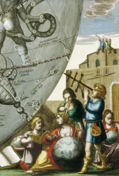 Scientifiques (astrologues et astronomes) étudiant des globes et la carte du ciel, détail de l