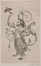 Génie avec un arc dans la main gauche et la main droite levée vers un oiseau couronné