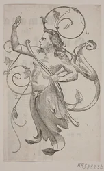 Génie avec un arc dans la main gauche et la main droite levée vers un oiseau couronné