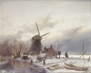 Paysage de rivière gelée avec un moulin à vent