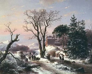 Paysage fluvial boisé avec des paysans sur un chemin, et un château au loin
