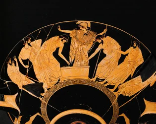 Aux pieds de la déesse Athéna, deux guerriers grecs tirent au sort les armes et l