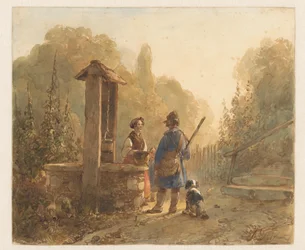 Chasseur parlant à une paysanne près d