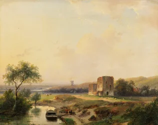 Paysage fluvial près de Haarlem avec moulin à vent et ruines de Brederode