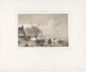 Patineurs et homme avec traîneau sur rivière gelée