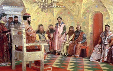 Tsar Mikhaïl Fiodorovitch (1596-1645) avec des boyards assis dans sa chambre, 1893