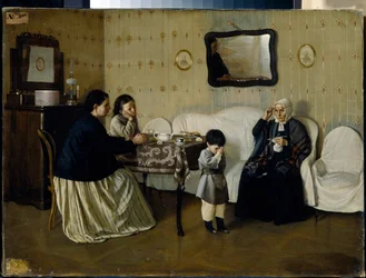 Un matin familial, enseignement de la prière à un enfant