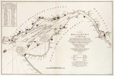 Carte de la baie et de la rivière Delaware, contenant une description complète et exacte des côtes, criques, ports, sondages, bancs de sable et repères les plus considérables, des Caps à Philadelphie