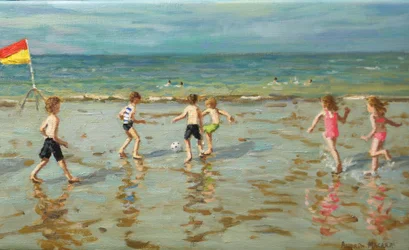 Football de plage, Sheringham, 2018 (huile sur toile)
