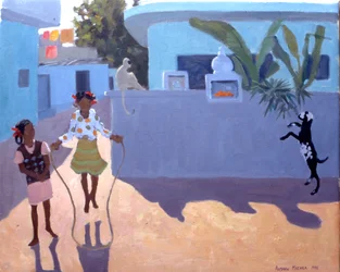 Fille sautant à la corde, singe et chèvre, Inde