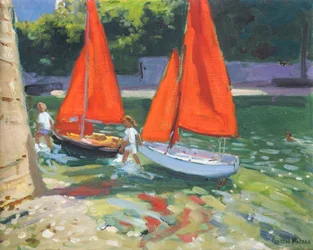 Filles avec des bateaux à voile, Looe, 2014