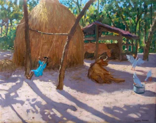 Botte de foin et fille sur une balançoire, Kerala (huile sur toile)