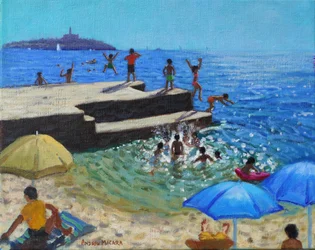 Sauter dans la mer, Rovinj, Croatie, 2024 (huile sur toile)