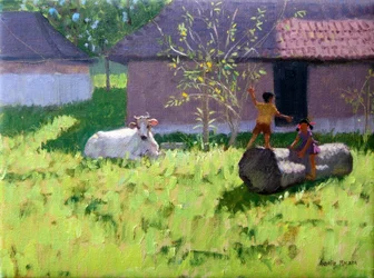 Vache blanche et deux enfants, île de Mankotta, Kerala, Inde