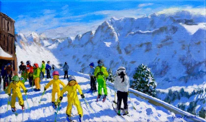 Jeunes skieurs en jaune, Val Gardena, Italie. 12x20