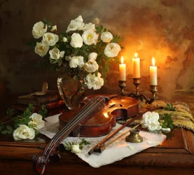 Des roses à la lueur des bougies et un violon