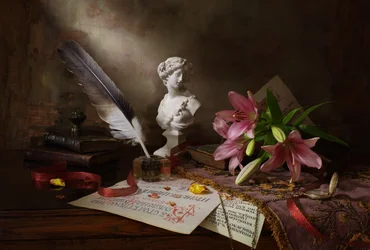 Plume et lys roses