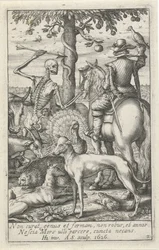 Squelette avec flèche et fauconnier, au milieu des animaux