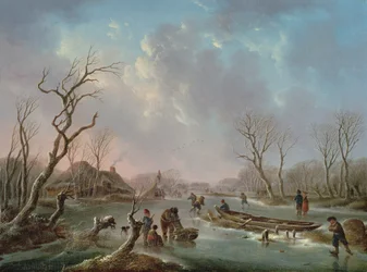 Patineurs sur une rivière gelée