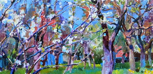 Scène forestière printanière avec des arbres en fleurs