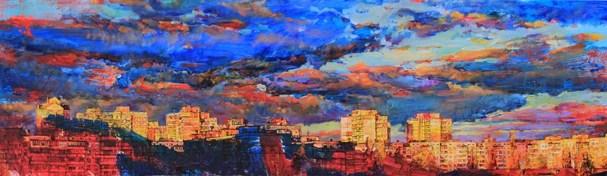 Coucher de soleil sur une ville animée