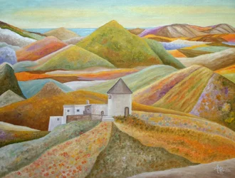 Le moulin coloré à flanc de colline