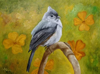 Mésange huppée et fleurs