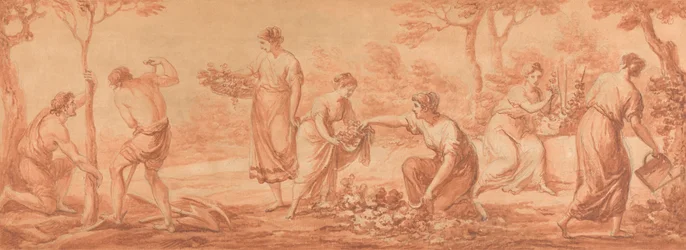 Un frise : hommes plantant des arbres, femmes cueillant des fleurs et arrosant des fleurs