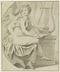 Amour inspire une jeune femme, qui pince une lyre d
