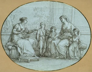 Cornélie, mère des Gracques, est assise (à droite) face à une riche Romaine, à qui elle montre ses trois enfants comme son bien le plus précieux