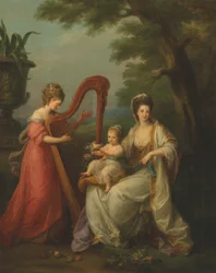 Portrait de Lady Elizabeth Smith-Stanley, comtesse de Derby, avec son fils en bas âge Edward, futur 13e comte de Derby, et sa demi-sœur, Lady Augusta Campbell, jouant de la harpe