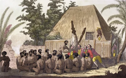 Le capitaine Cook observe une offrande, Îles Sandwich, 1778-1779 XIXe siècle