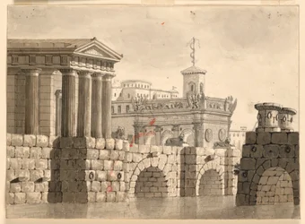 Décor de scène, palais et rivière