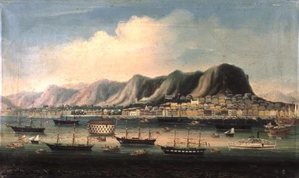 Vue de Hong Kong, avec un hulk de prison et un bateau à vapeur à aubes dans le port