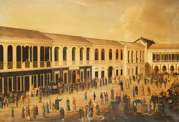 Vue des Hongs sur le front de mer à Canton, vers 1825