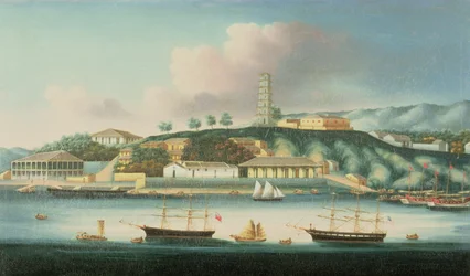 Vue de Whampoa Reach, avec une barque anglaise, un navire américain et des bateaux à voile