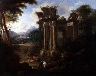 Paysage classique avec un vacher abreuvant son bétail, vers 1720