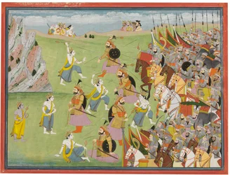Une peinture du Mahabharata : Balabhadra combattant Jarasandha, Kangra ou Garhwal, vers 1810-20