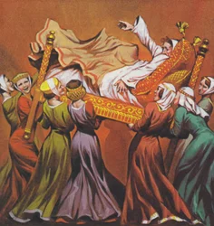 Le roi Edouard Ier est soulevé dans son lit par les dames de la cour (lithographie couleur)
